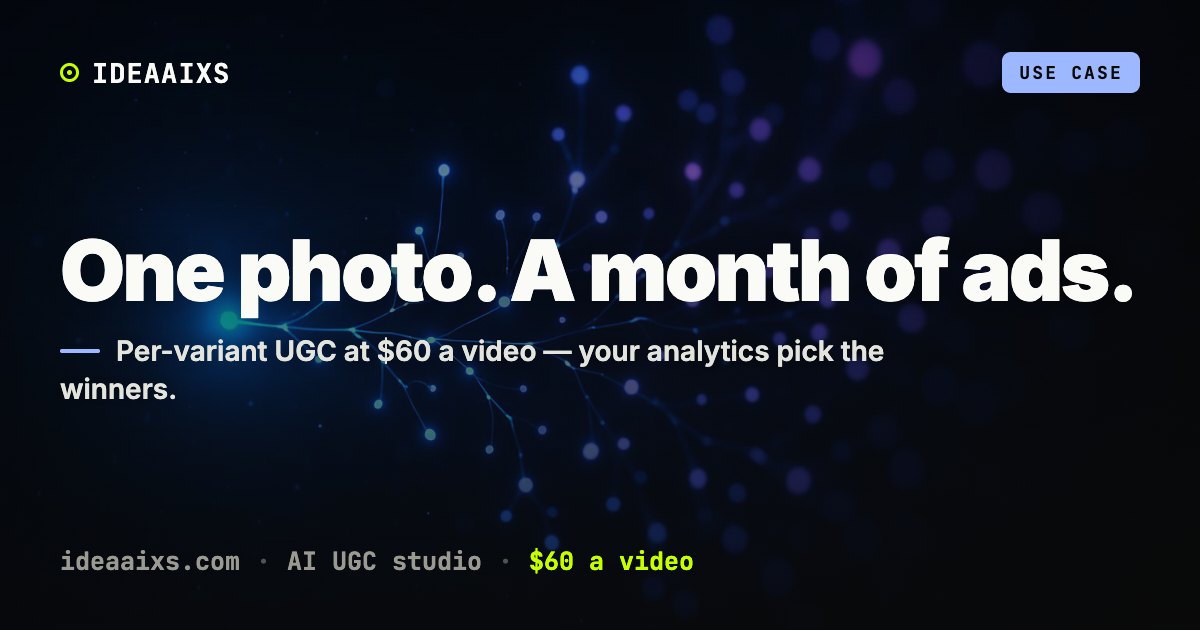 Abstract dark editorial AI UGC cover for Shopify stores: a single seed of cobalt light fractaling into many glowing nodes on near-black.