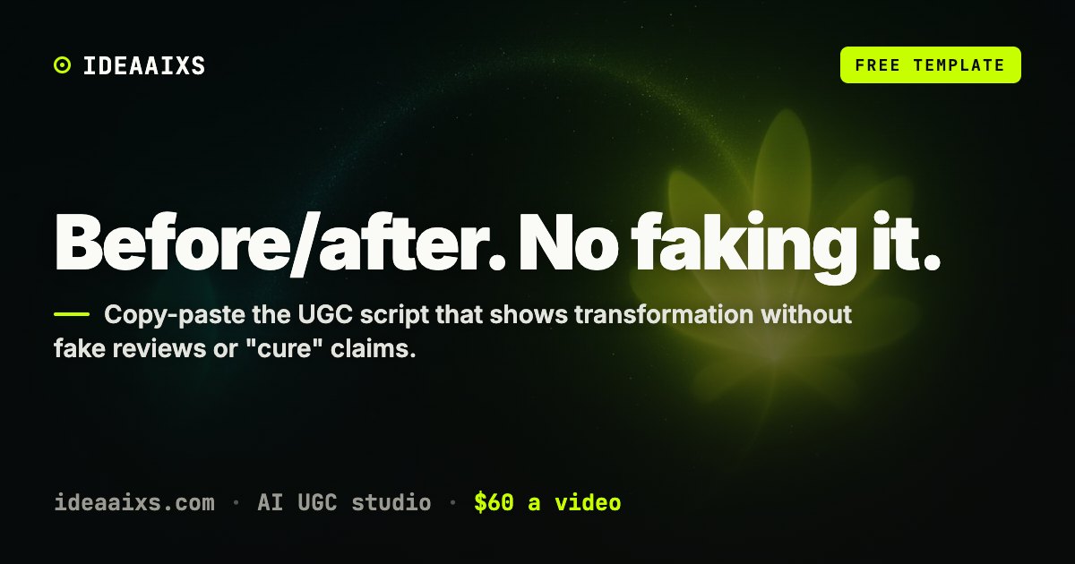 Abstract dark editorial AI UGC cover for a before/after UGC ad script article: a dim seed of light unfurling into a brighter mirrored form on a near-black field.
