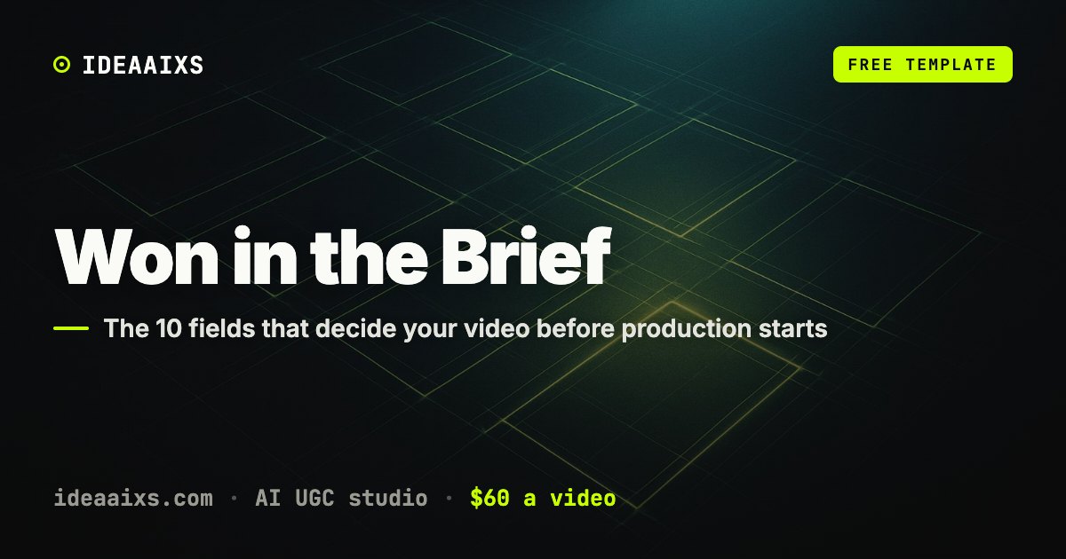 Abstract dark editorial graphic of a glowing ten-field blueprint grid representing a structured AI UGC video brief