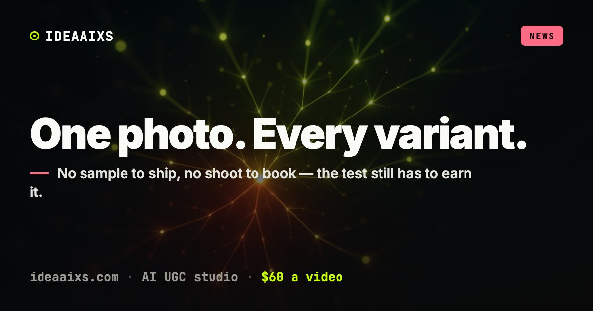 Abstract AI UGC cover art: a single seed of light fractaling into many glowing nodes on near-black, evoking one product photo becoming every video variant.