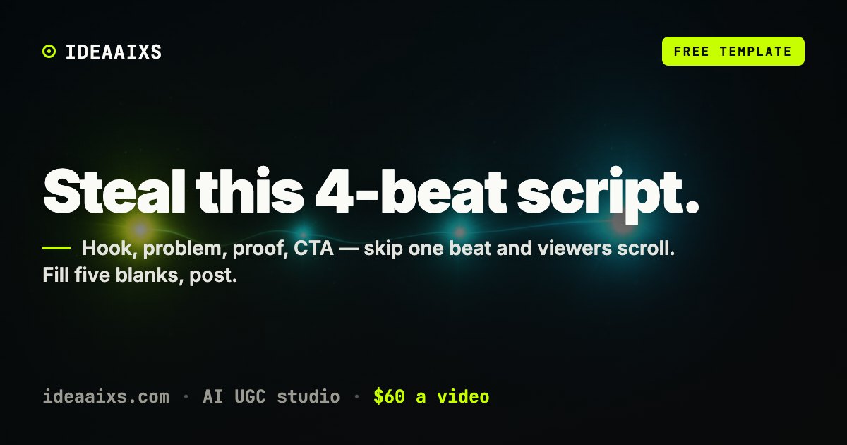 Abstract AI UGC cover for a TikTok UGC script template: four glowing lime and cyan light pulses sequencing across a dark editorial field.
