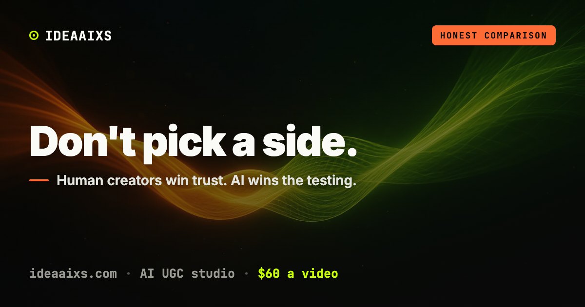Abstract dark editorial AI UGC cover for an honest UGC agency vs AI UGC comparison, warm orange and lime glow converging.