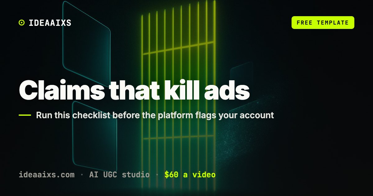 Abstract dark editorial cover with lime and cyan glow for an AI UGC ad compliance checklist
