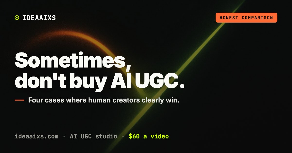 Dark editorial abstract cover for an honest guide on when not to use AI UGC versus human creators.